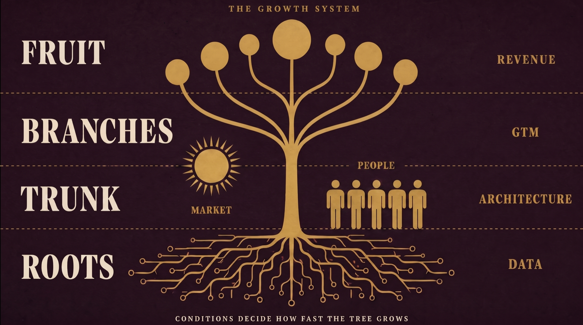 The Growth System: roots are data, trunk is architecture, branches are GTM motions, fruit is revenue. Around the tree, the growing conditions: people and market. Conditions decide how fast the tree grows.