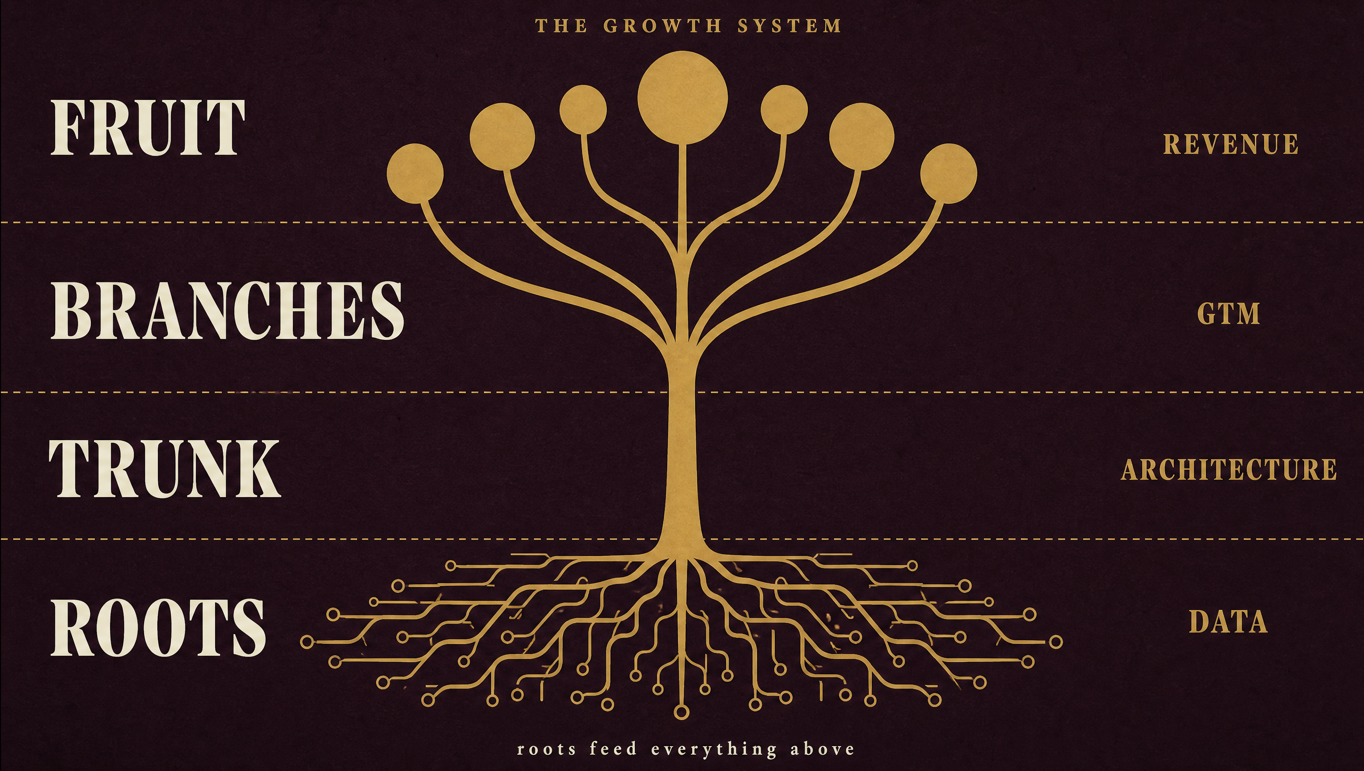 The Growth System: roots are data, trunk is architecture, branches are GTM motions, fruit is revenue
