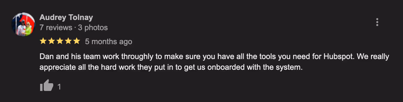 Five star Google review from Audrey Tolnay of Accelerate Tax about HubSpot onboarding