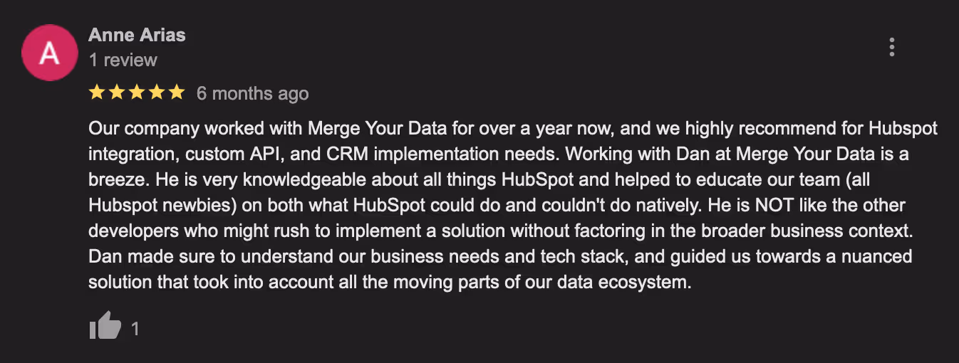 Five star Google review from Anne Arias about HubSpot integration and CRM implementation