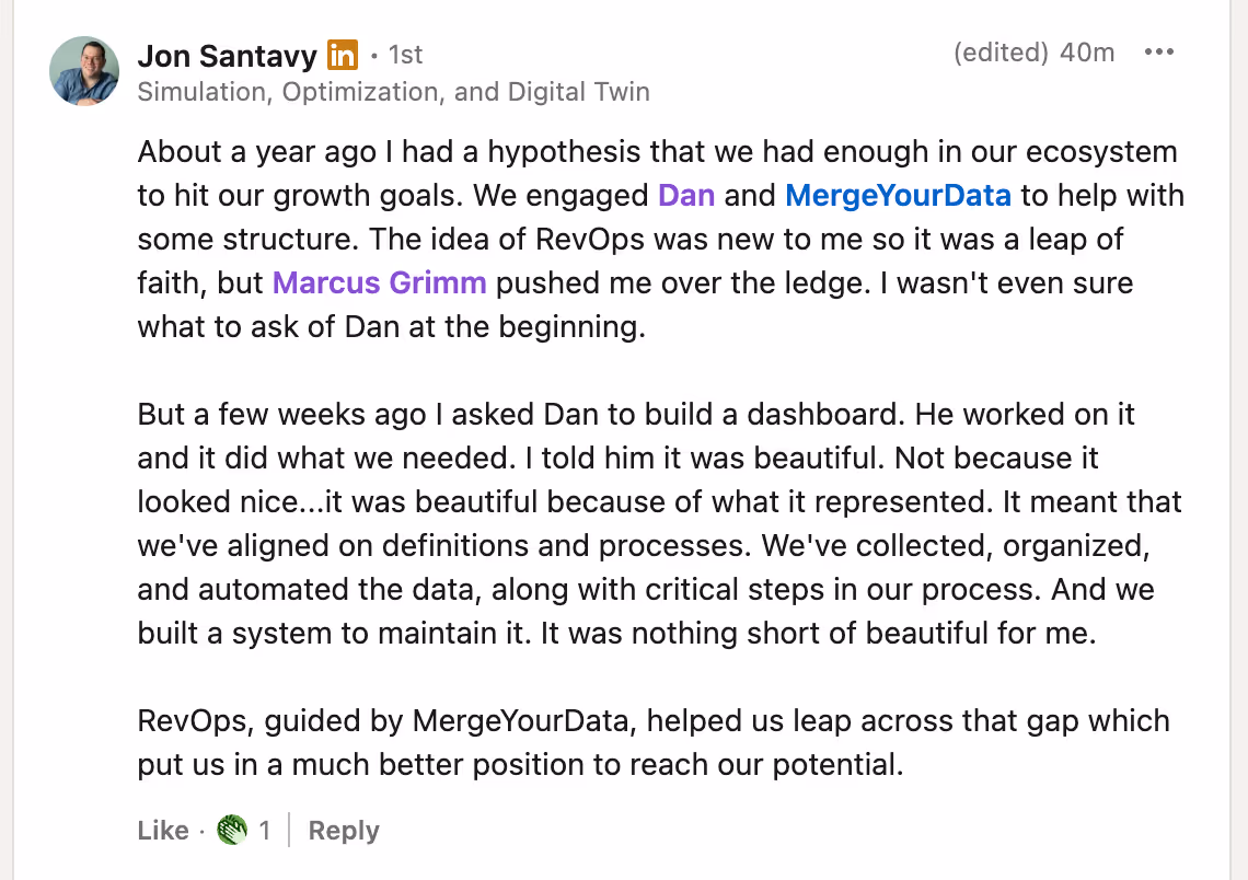 LinkedIn post from Jon Santavy of SimWell about engaging MergeYourData for RevOps structure